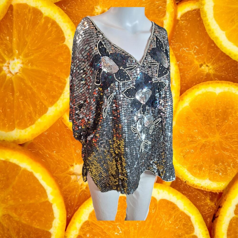 Women's Multicolored Floral‎ Sequin Pure Silk V-Neck Short Sleeve Blouse Size XL